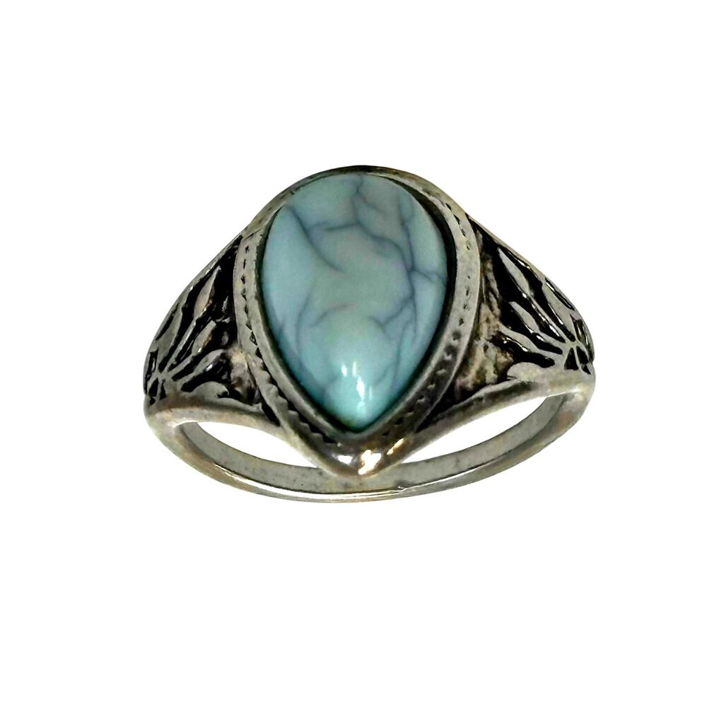 Silver Tone Ring Size 6 Faux Turquoise Teardrop Boho Western Filigree